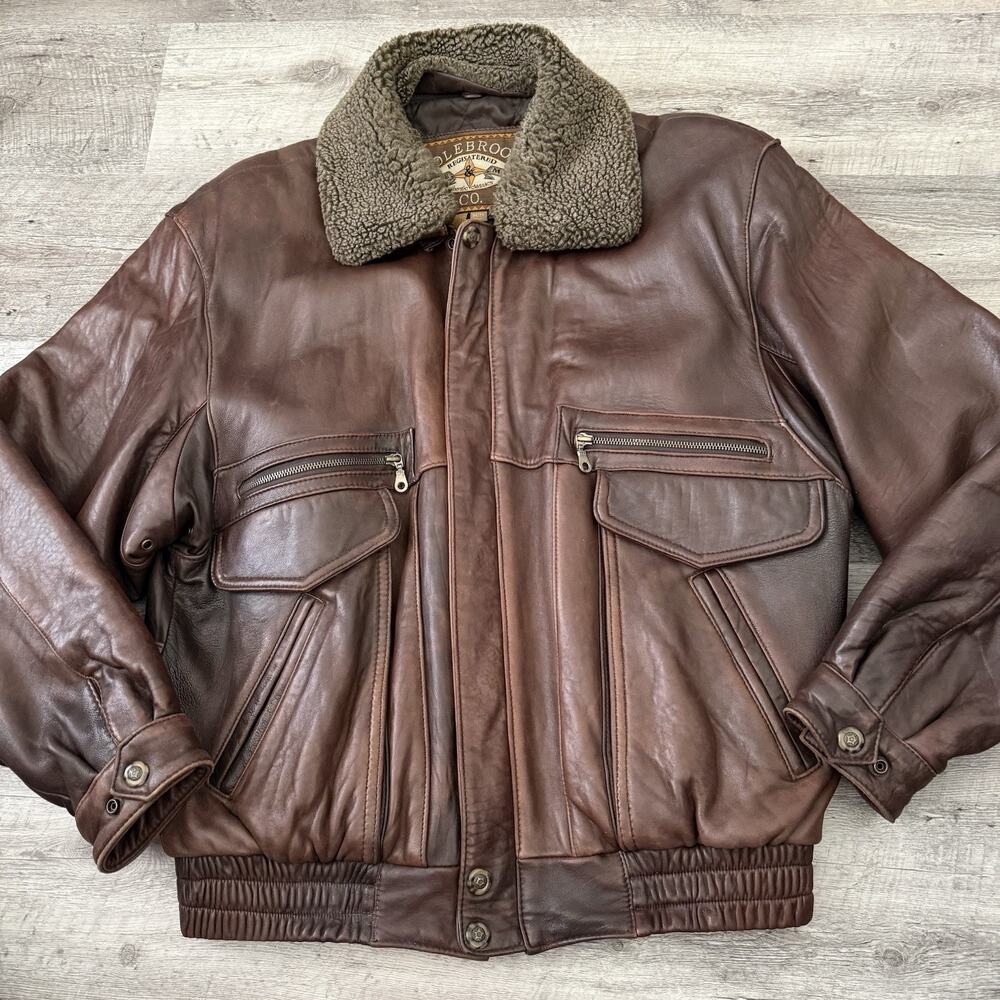 Colebrook Co Leather Bomber Jacket Mens Sz Medium Brown Removable Sherpa Collar